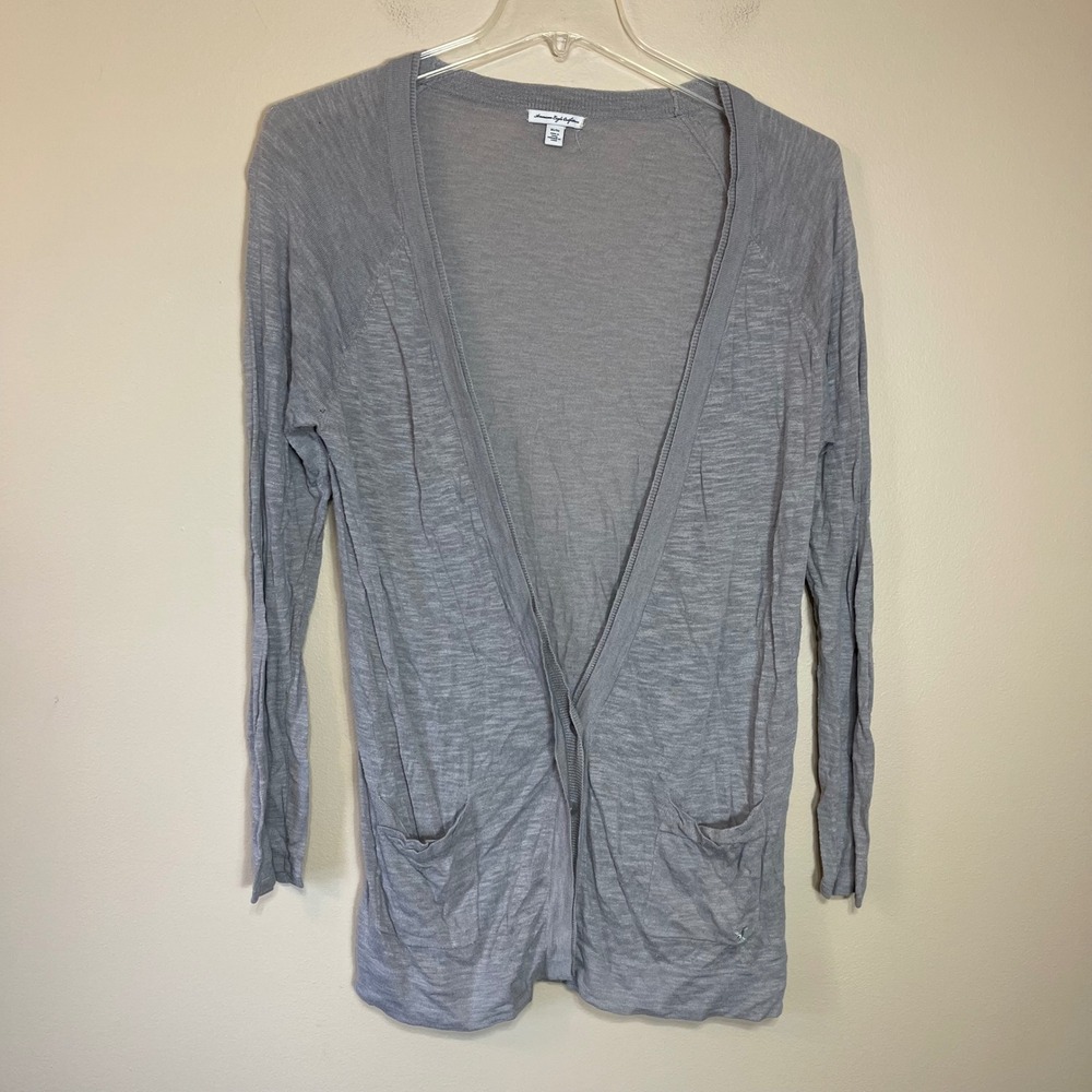 American Eagle Outfitters Womens XL Gray Open Front Cardigan Knit Pockets Slub